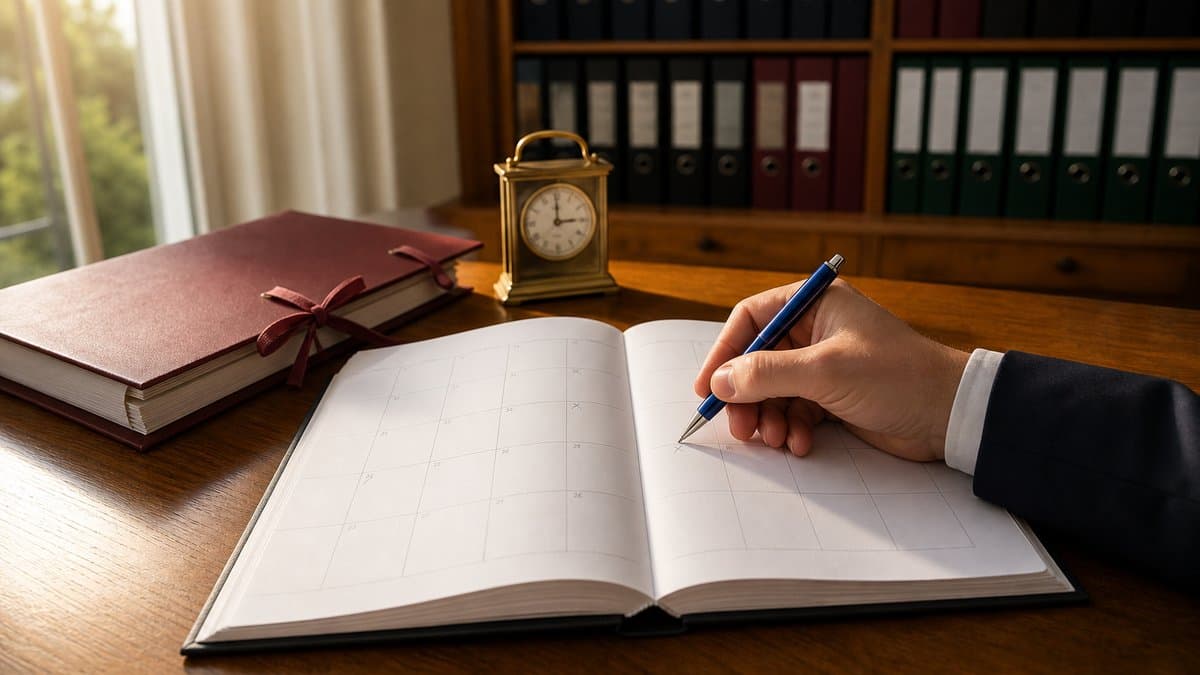 Hand markiert mit Kugelschreiber ein Datum im aufgeschlagenen Fristenkalender, daneben ein gebundener Aktendeckel und eine Messinguhr