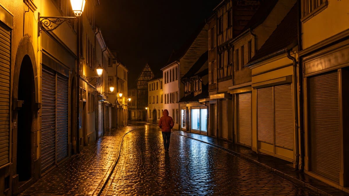 Person in roter Jacke geht nachts über nasses Kopfsteinpflaster eine Altstadtgasse mit geschlossenen Rollläden entlang