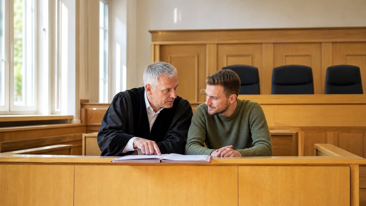 Strafverteidiger in schwarzer Robe bespricht mit seinem Mandanten auf der Anklagebank eine Akte im Gerichtssaal
