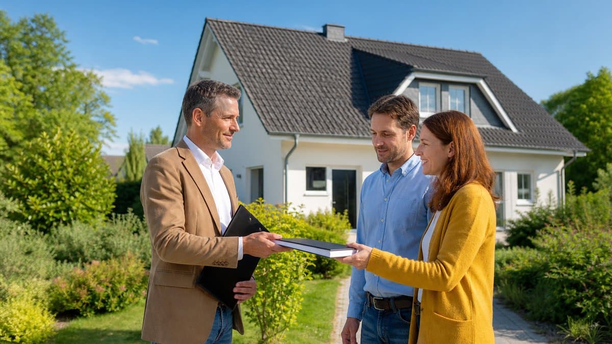 Sachverständiger übergibt einem Paar vor einem Einfamilienhaus ein gebundenes Gutachten