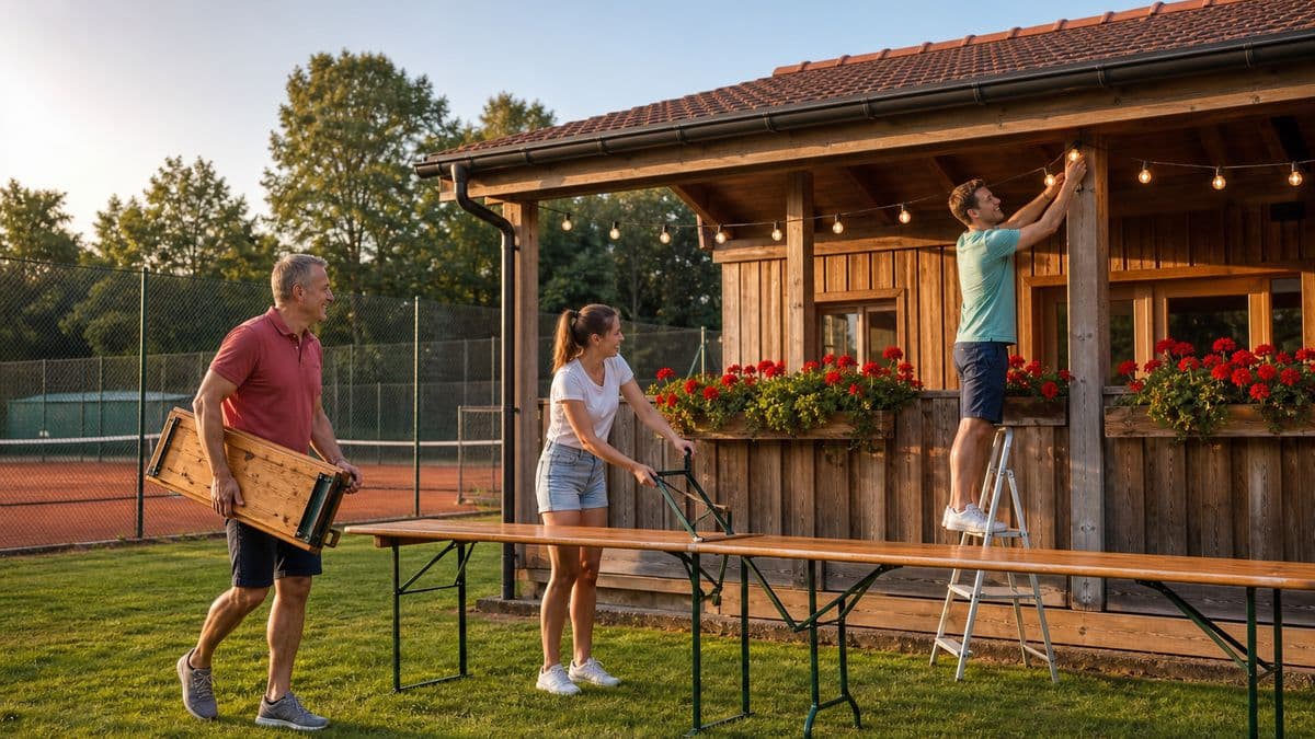 Drei Vereinsmitglieder bauen am frühen Abend vor einem Tennis-Clubhaus Bierzeltgarnituren auf und hängen eine Lichterkette auf
