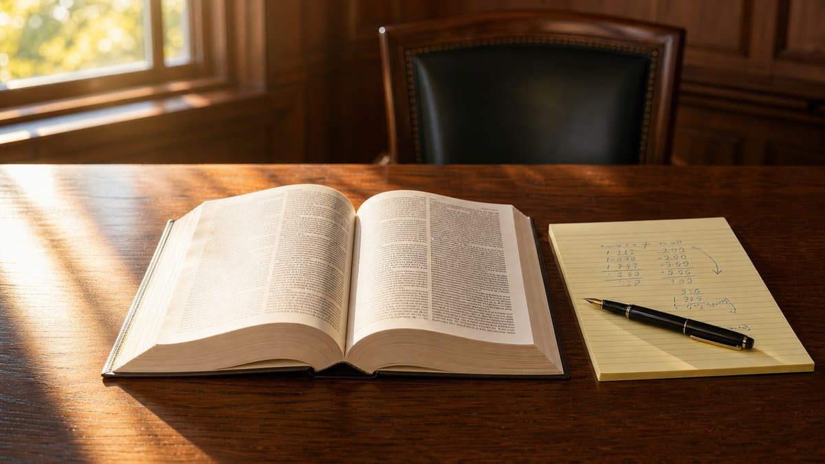Aufgeschlagenes Gesetzbuch auf einem dunklen Holztisch im Sonnenlicht, daneben ein Notizblock mit handschriftlichen Zahlen und Pfeilen und ein Füller