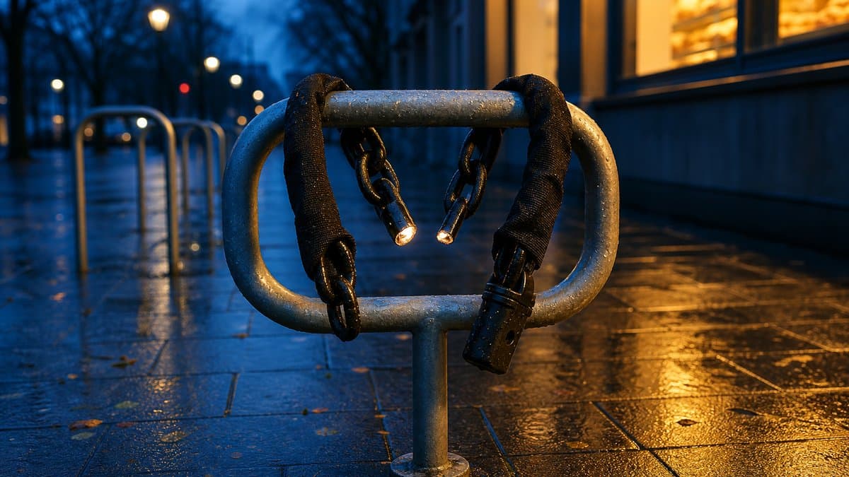 Durchtrenntes Kettenschloss hängt an einem leeren Fahrradbügel auf nassem Gehweg in der Abenddämmerung