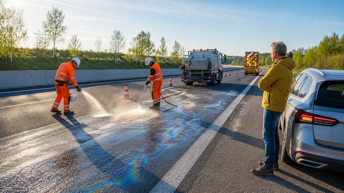 Zwei Arbeiter in orangefarbener Warnkleidung reinigen eine Ölspur auf der Autobahn, ein Autofahrer schaut neben seinem Wagen zu