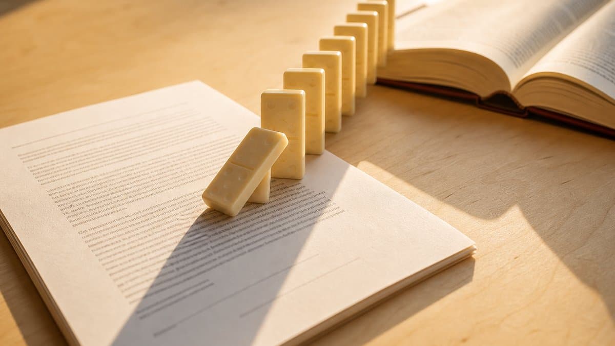 Eine Reihe Dominosteine läuft von einem ausgedruckten Vertrag über den Tisch zu einem aufgeschlagenen Gesetzbuch, der vorderste Stein ist gekippt und lehnt am nächsten