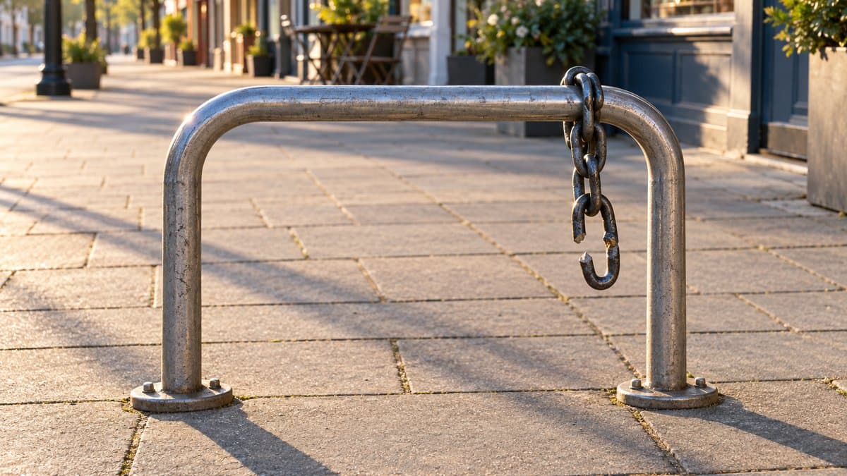 Leerer Fahrradbügel auf einem Gehweg im Morgenlicht, an der Strebe hängt ein Kettenschloss mit einem durchtrennten Glied