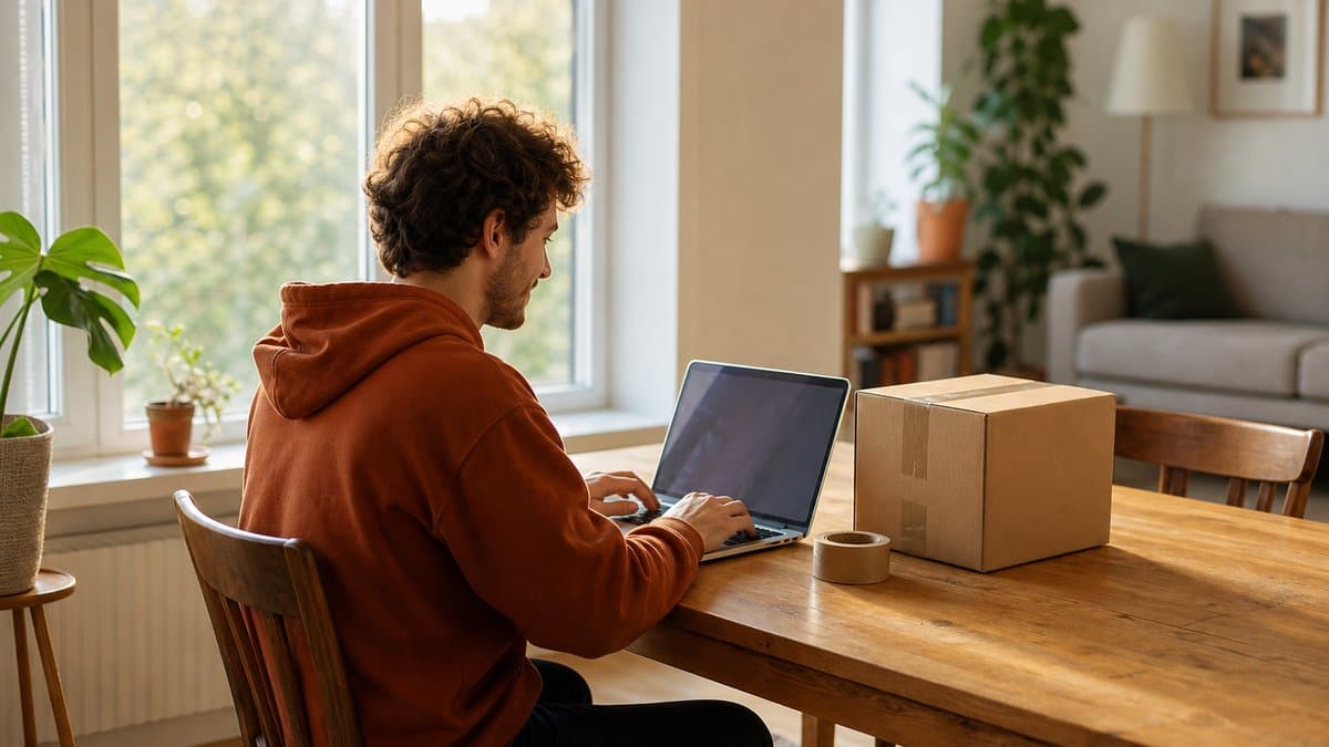 Junger Mann tippt am Laptop eine E-Mail, daneben ein zugeklebter Versandkarton und eine Klebebandrolle