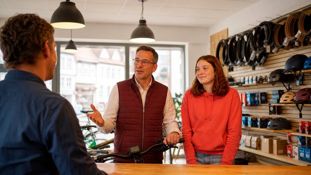 Vater und seine 17-jährige Tochter stehen mit einem gebrauchten E-Bike an der Theke eines Fahrradladens