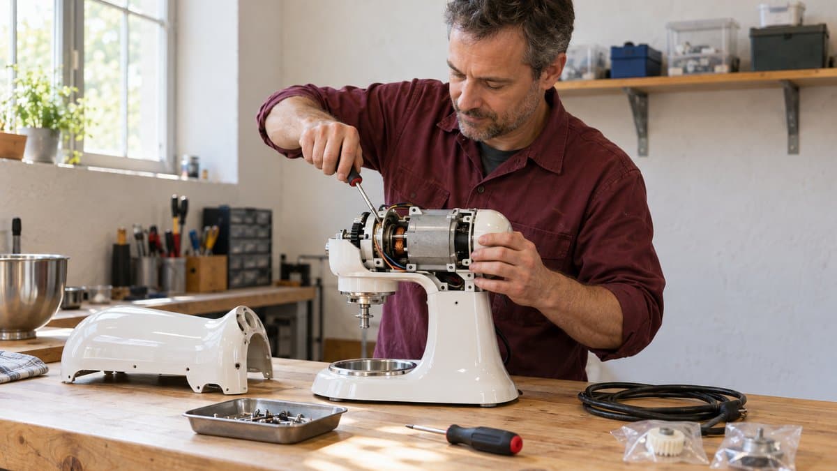 Techniker repariert eine Küchenmaschine auf einer Werkbank, Werkzeug und Ersatzteile liegen daneben