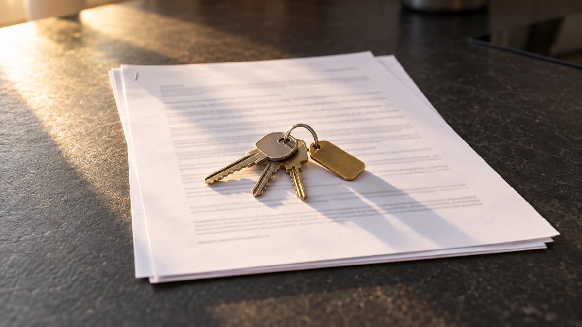 Wohnungsschlüssel mit Messinganhänger liegen auf einem mehrseitigen Mietvertrag auf einer dunklen Steinarbeitsplatte im Nachmittagslicht