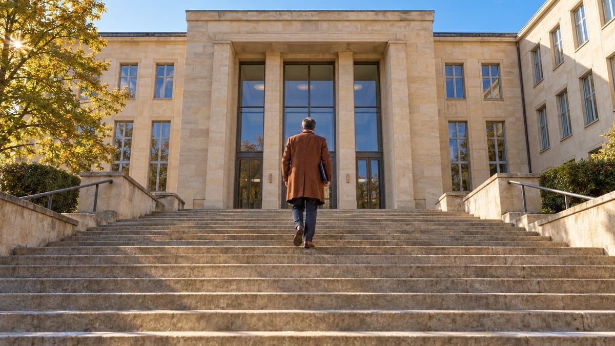 Mann mit Aktenmappe steigt die breite Steintreppe zum Eingang eines Gerichtsgebäudes hinauf