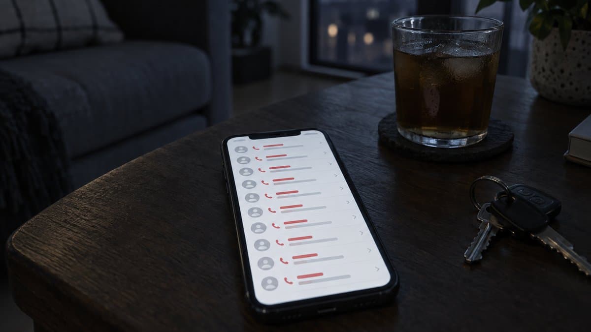 Smartphone liegt nachts auf einem dunklen Tisch, der Bildschirm zeigt eine lange Liste roter Einträge für verpasste Anrufe.