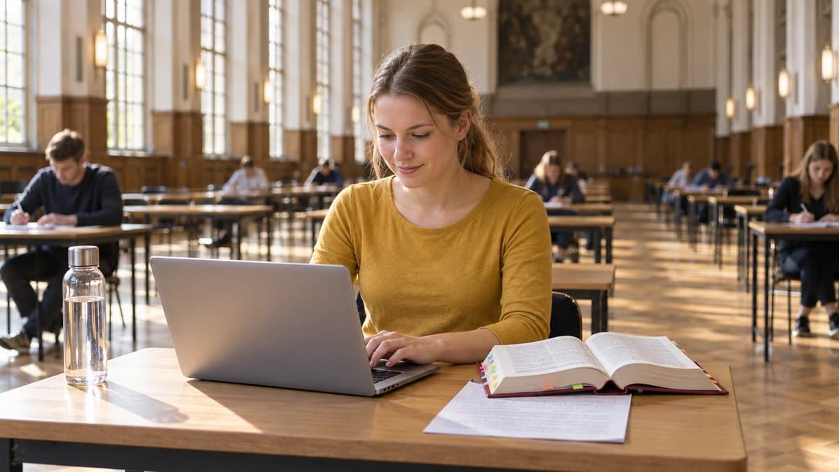 Studentin schreibt ihre Examensklausur am Laptop in einem hellen Prüfungssaal, daneben liegt ein aufgeschlagenes Gesetzbuch
