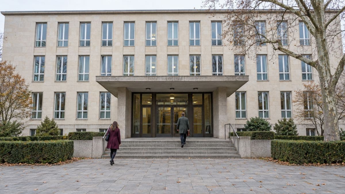Eingang eines schlichten deutschen Gerichtsgebäudes, zwei Personen steigen die Stufen zum Portal hinauf