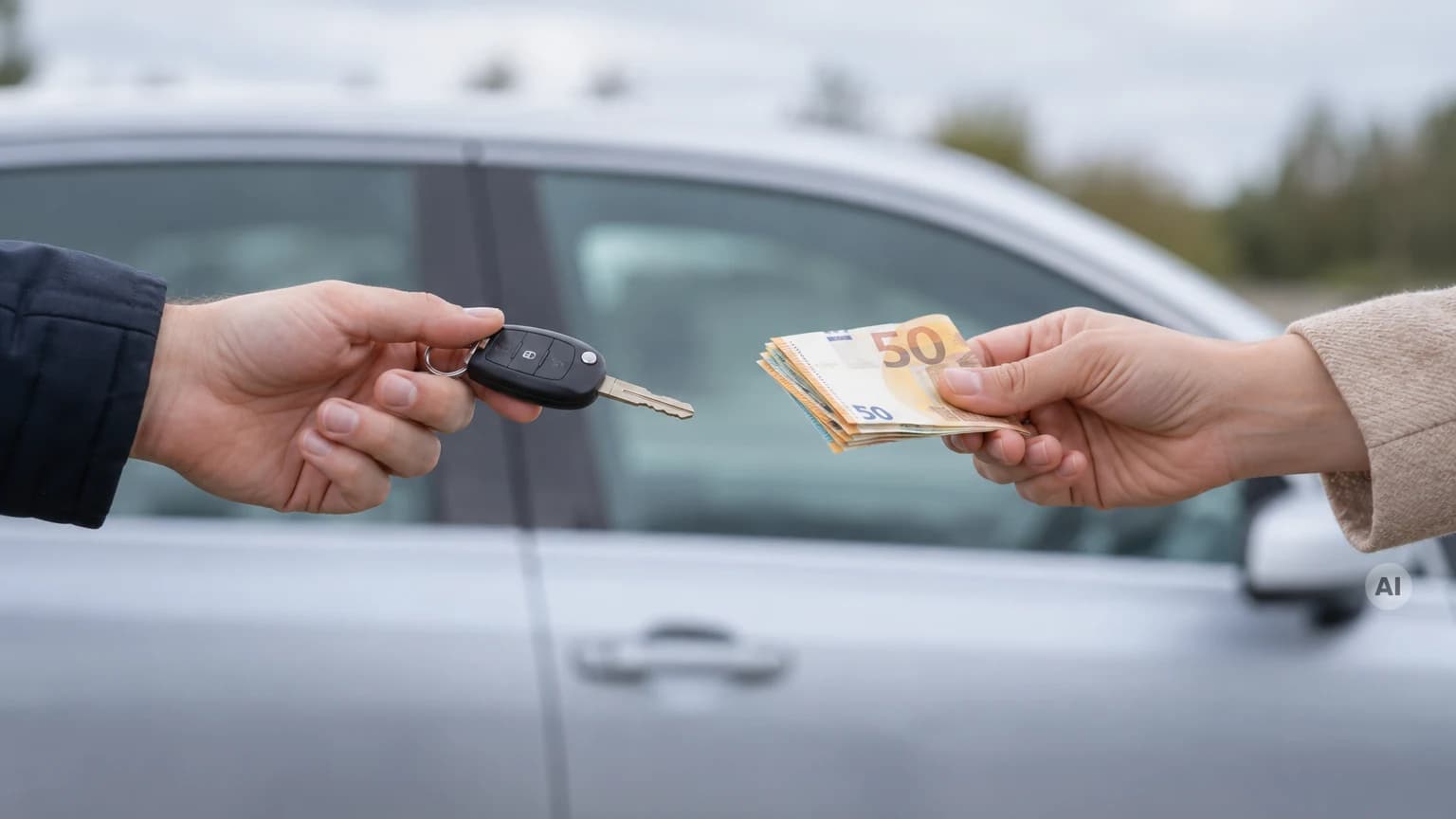 Nahaufnahme einer gleichzeitigen Übergabe: eine Hand reicht einen Autoschlüssel, die andere Hand Geldscheine