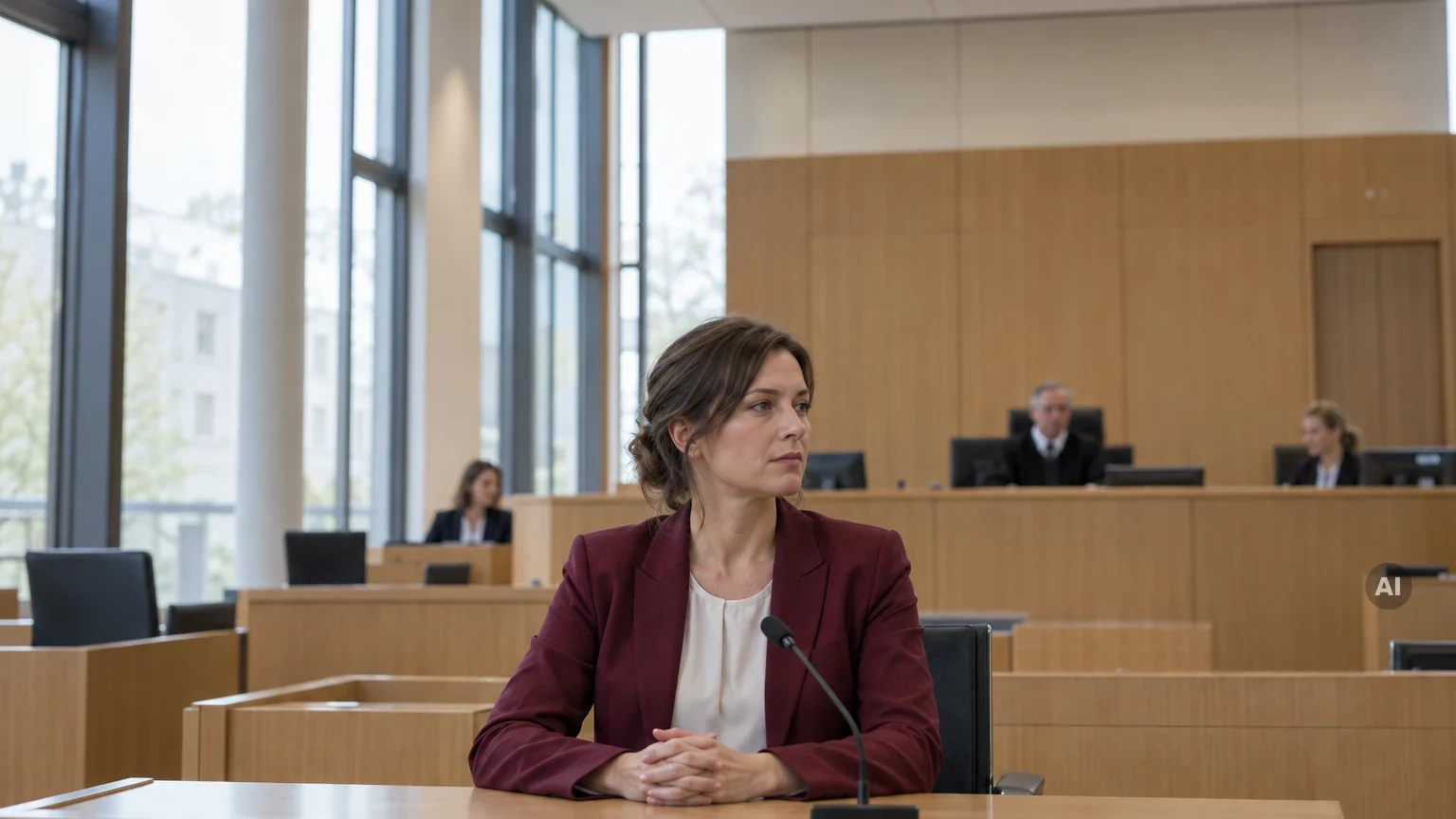 Zeugin sitzt schweigend am Zeugentisch in einem Gerichtssaal, im Hintergrund die Richterbank