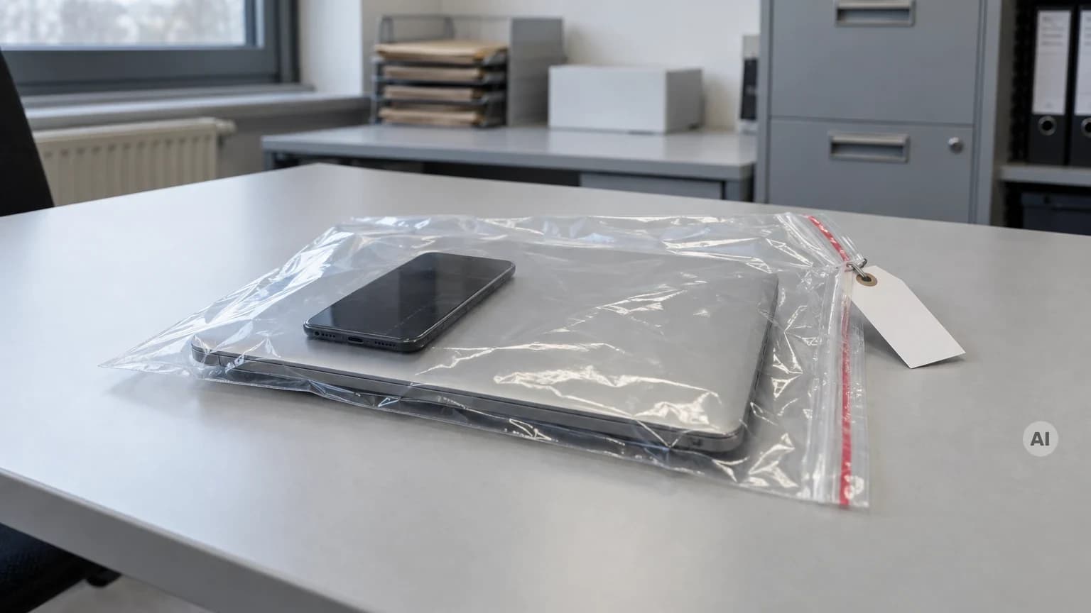 Ein durchsichtiger Beweismittelbeutel mit Smartphone und Laptop liegt auf einem Tisch in einem Dienstzimmer.