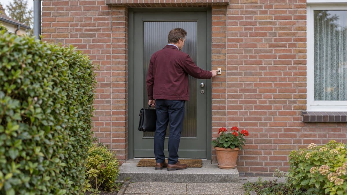 Vertreter mit Aktentasche steht vor der geschlossenen Haustür eines Einfamilienhauses und drückt die Klingel