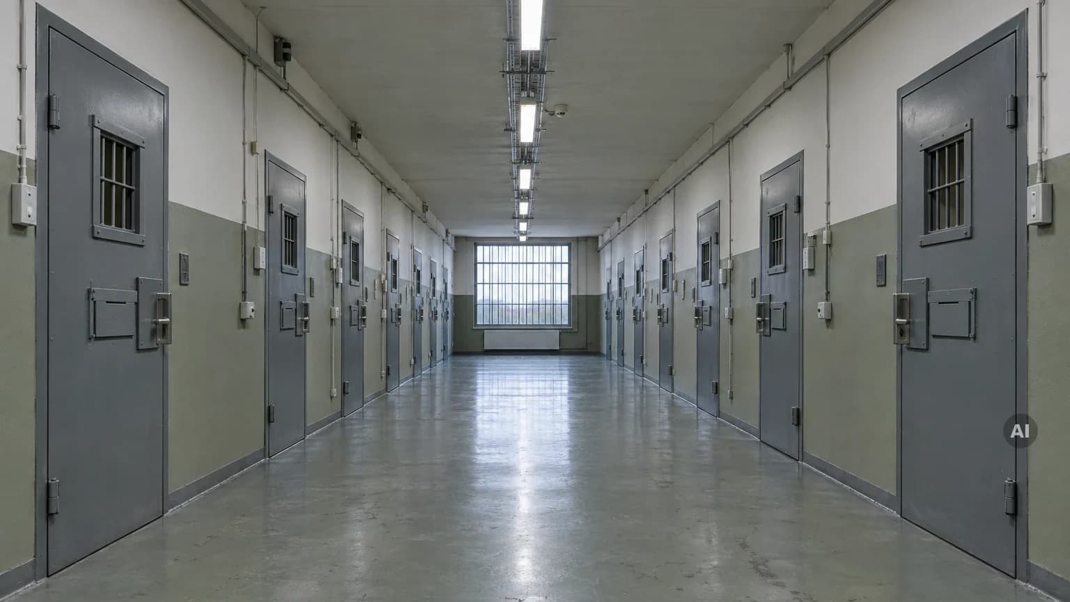 Leerer Flur einer Justizvollzugsanstalt mit grauen Zellentüren und einem vergitterten Fenster am Ende des Gangs