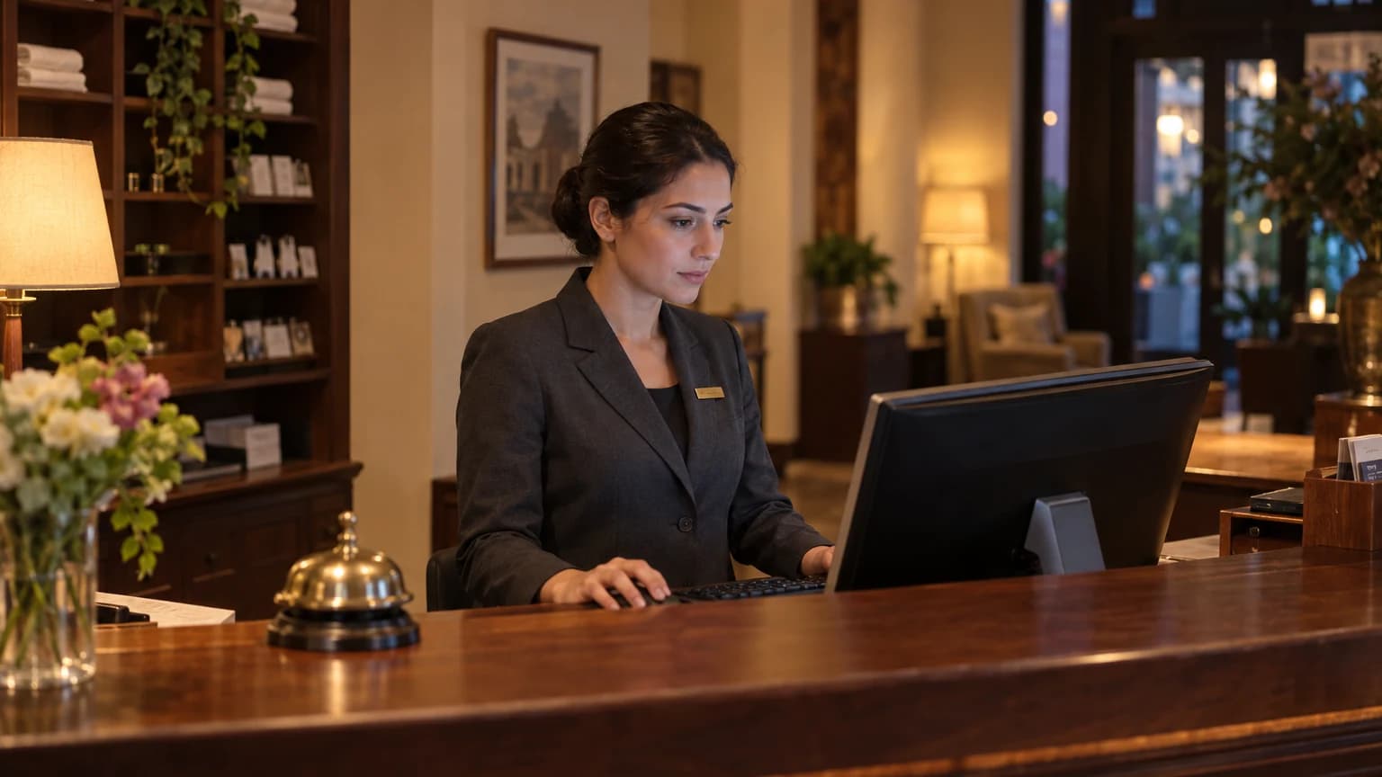 Hotelmitarbeiterin trägt an einer Rezeptionstheke am Computer eine Zimmerreservierung ein.
