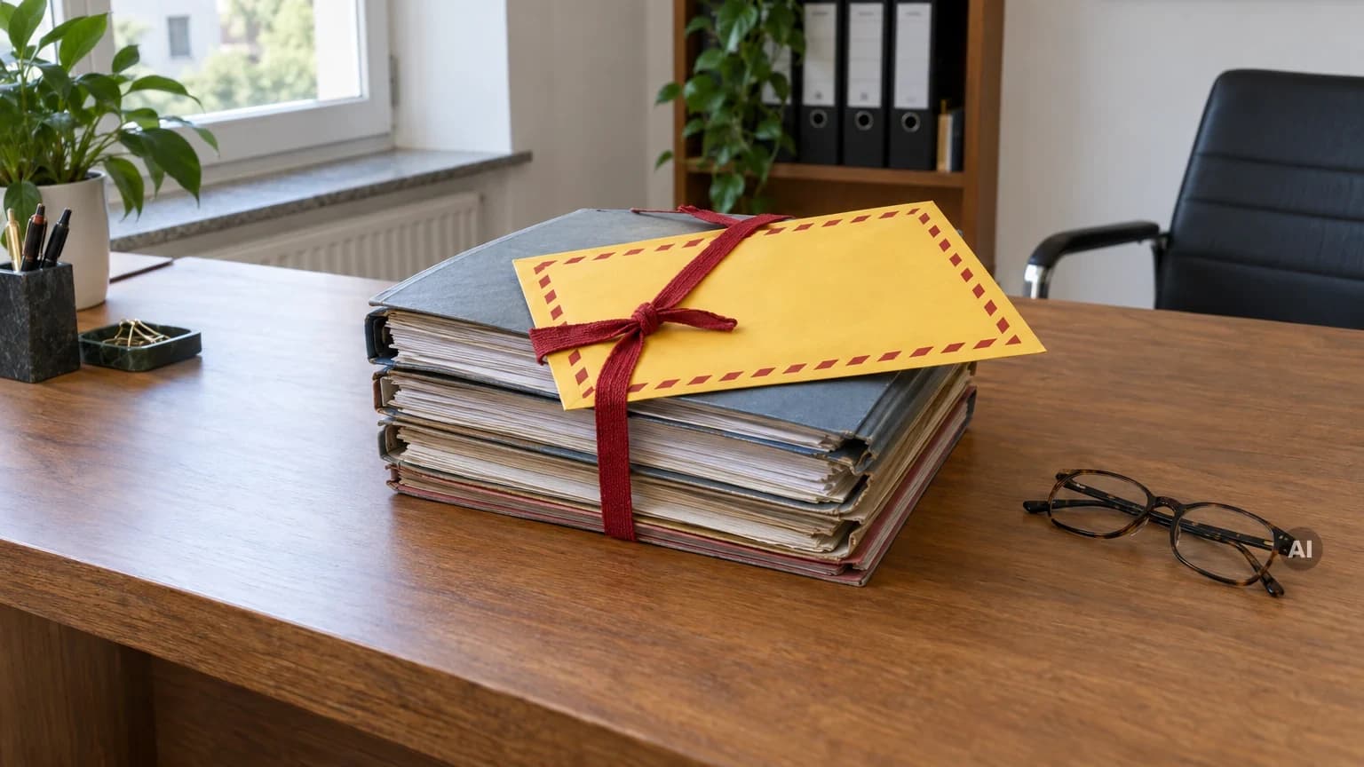 Aktenstapel mit rotem Band und gelbem Umschlag auf einem Schreibtisch