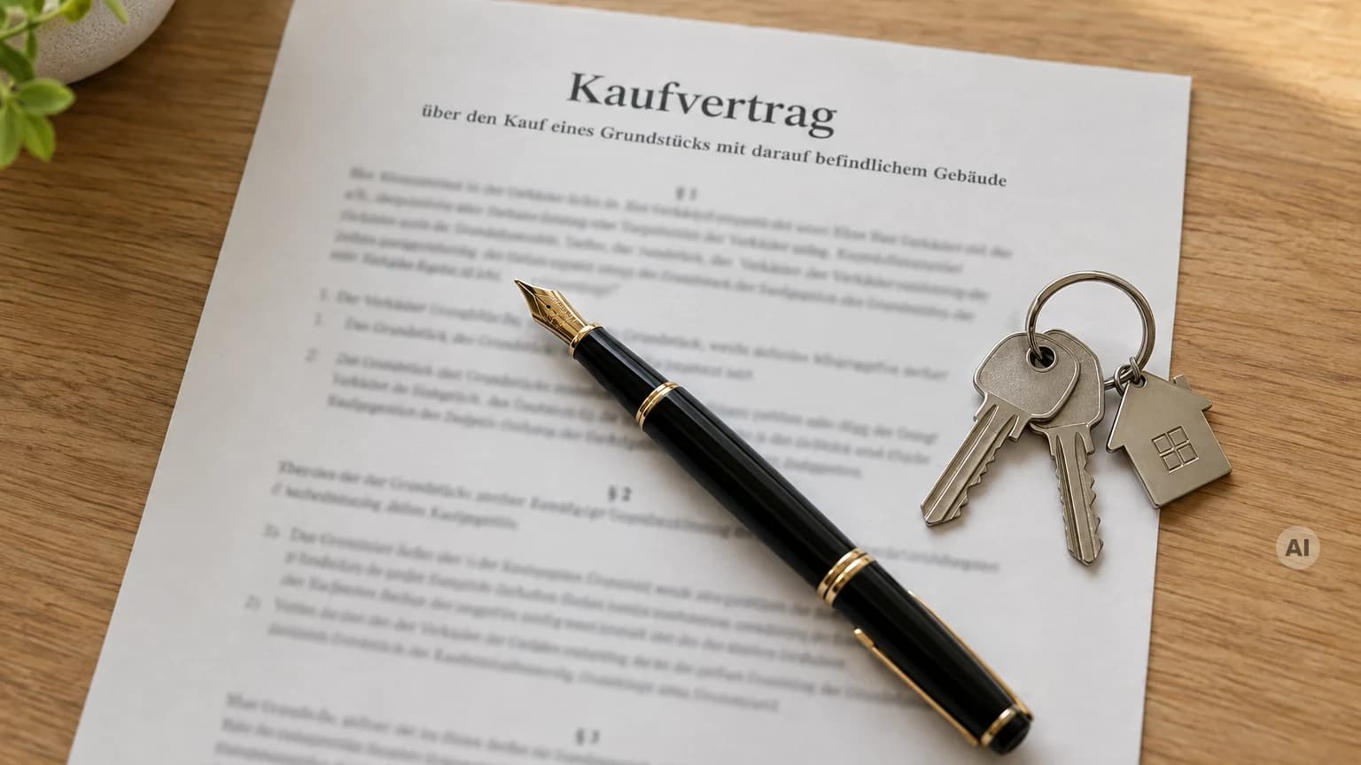 Hausschlüssel wird über einem unterschriebenen Kaufvertrag übergeben
