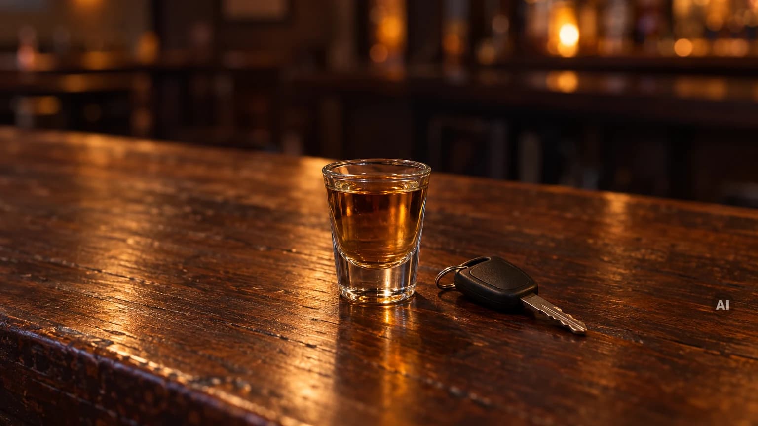 Schnapsglas neben einem Autoschlüssel auf einem dunklen Holztresen am Abend