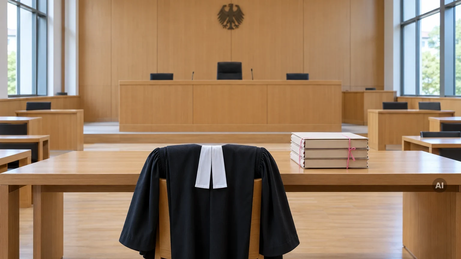 Eine schwarze Robe hängt über einem Stuhl am Tisch der Staatsanwaltschaft in einem leeren Gerichtssaal, daneben gestapelte Akten.