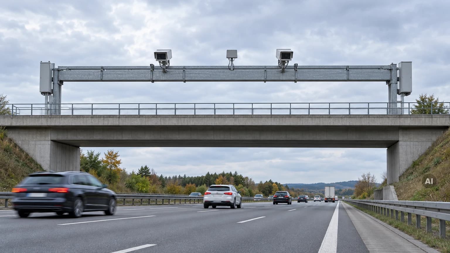Kameras zur automatischen Kennzeichenerfassung an einer Brücke über einer mehrspurigen Autobahn mit fließendem Verkehr