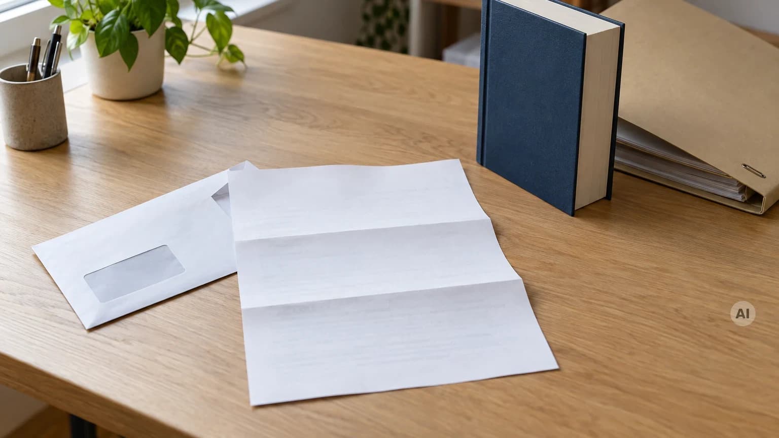 Geöffneter amtlicher Bescheid mit Umschlag auf einem Schreibtisch neben Gesetzestext und Aktenordner