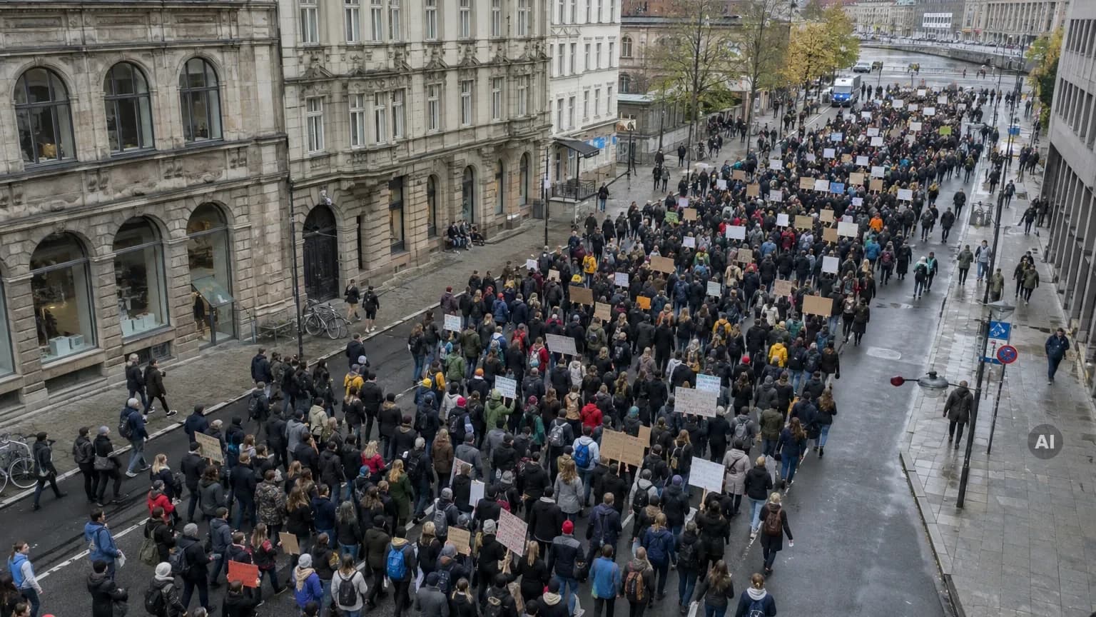 Demonstrationszug auf einer breiten Straße in einer Stadt, aus erhöhter Perspektive