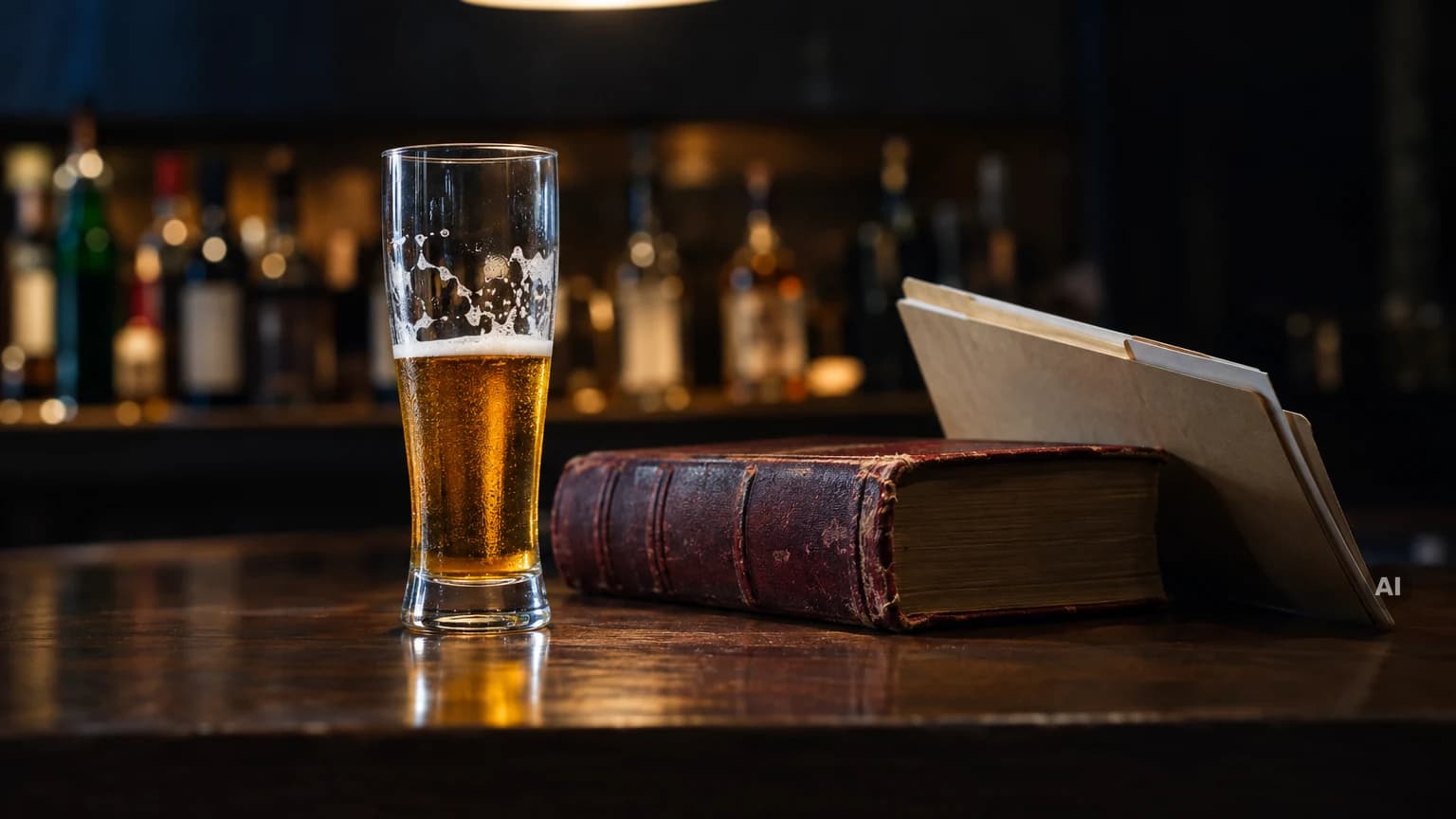 Ein halbleeres Bierglas steht neben einem alten Gesetzbuch auf einer dunklen Bartheke