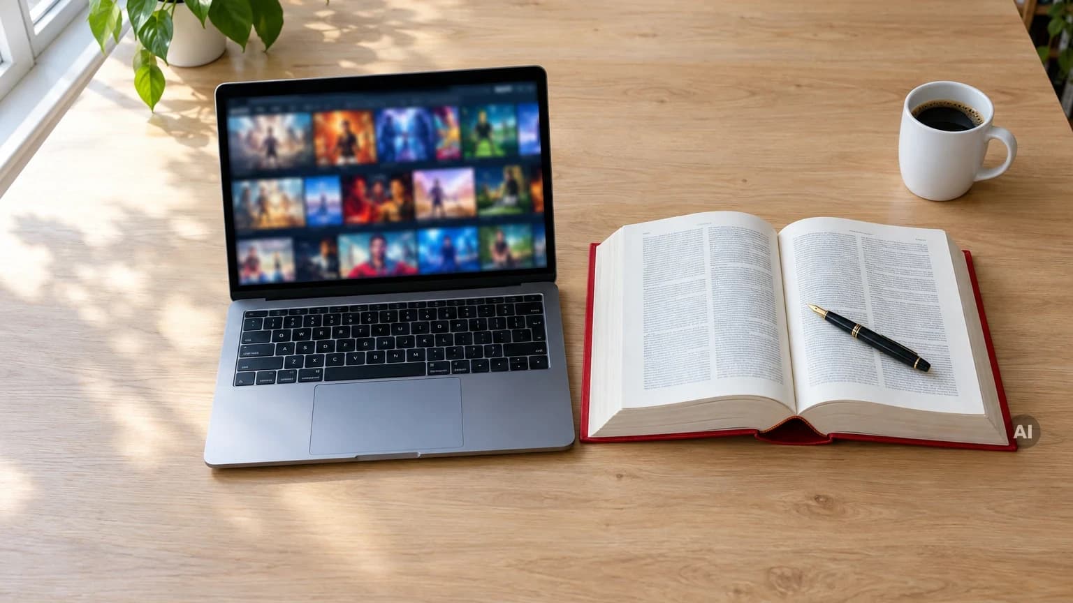 Schreibtisch mit aufgeklapptem Laptop, der eine Streaming-Startseite zeigt, daneben ein aufgeschlagenes Gesetzbuch