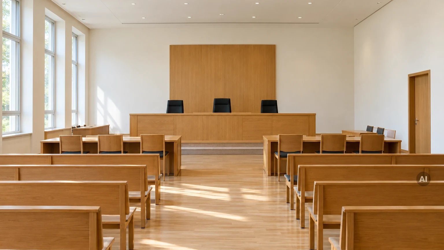Leerer Gerichtssaal mit Richterbank aus hellem Holz und Zuschauerbänken