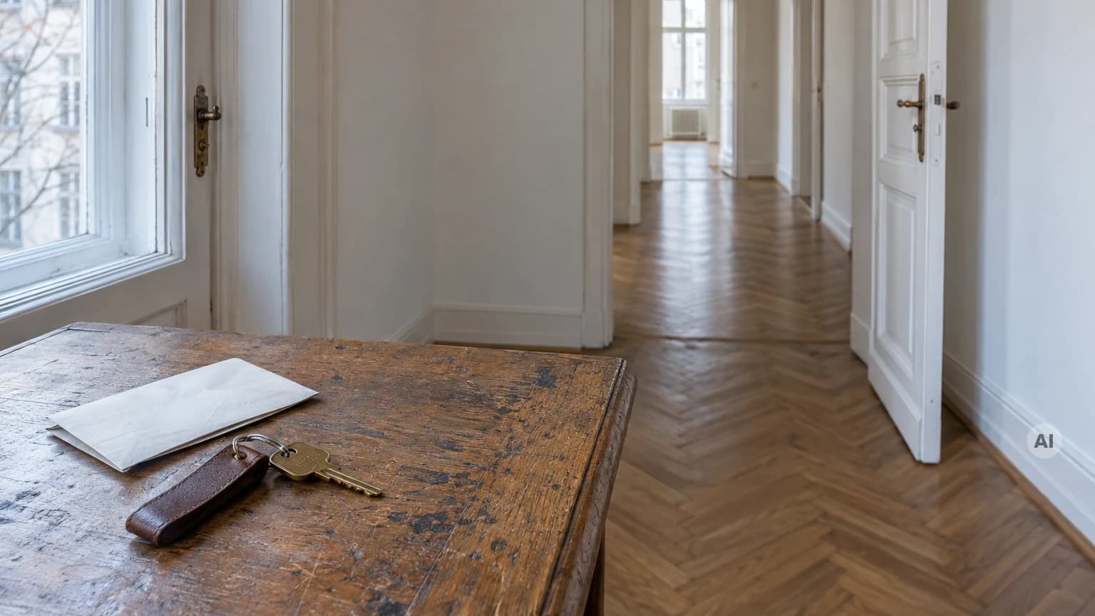 Wohnungsschlüssel und gefalteter Brief auf einem alten Holztisch im leeren Flur einer Altbauwohnung