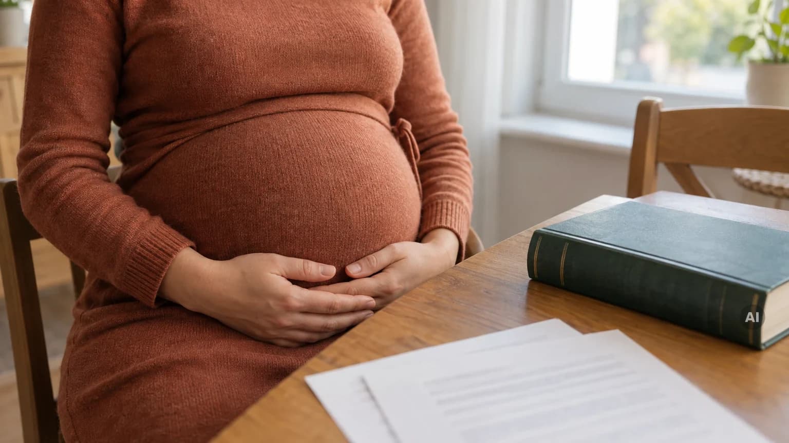 Hände einer Schwangeren ruhen auf dem Bauch, daneben liegt ein Gesetzbuch auf dem Tisch