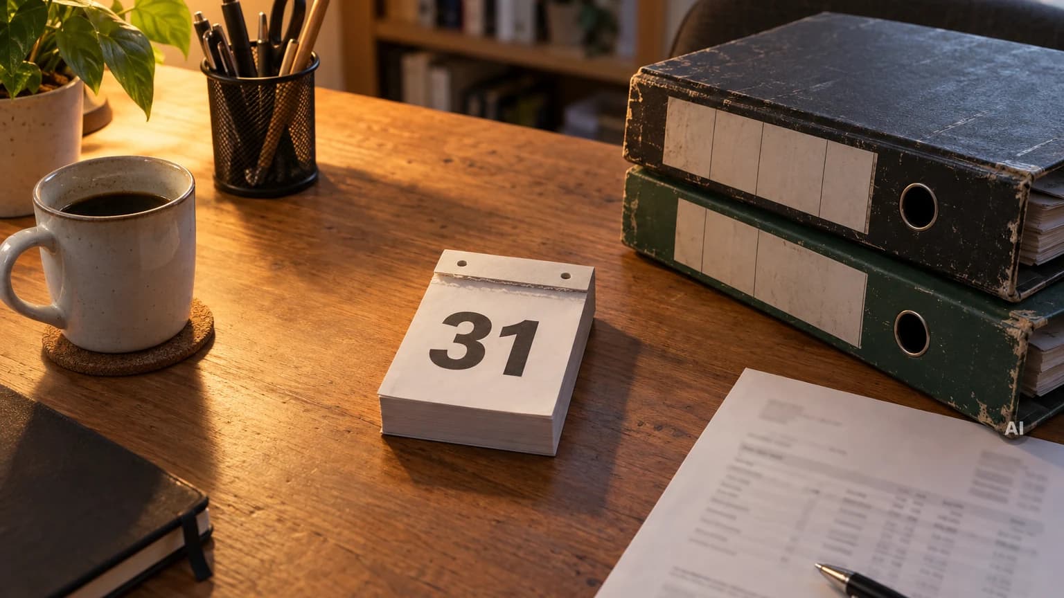 Abreißkalender mit der Zahl 31 auf einem Schreibtisch neben Aktenordnern und einer Rechnung