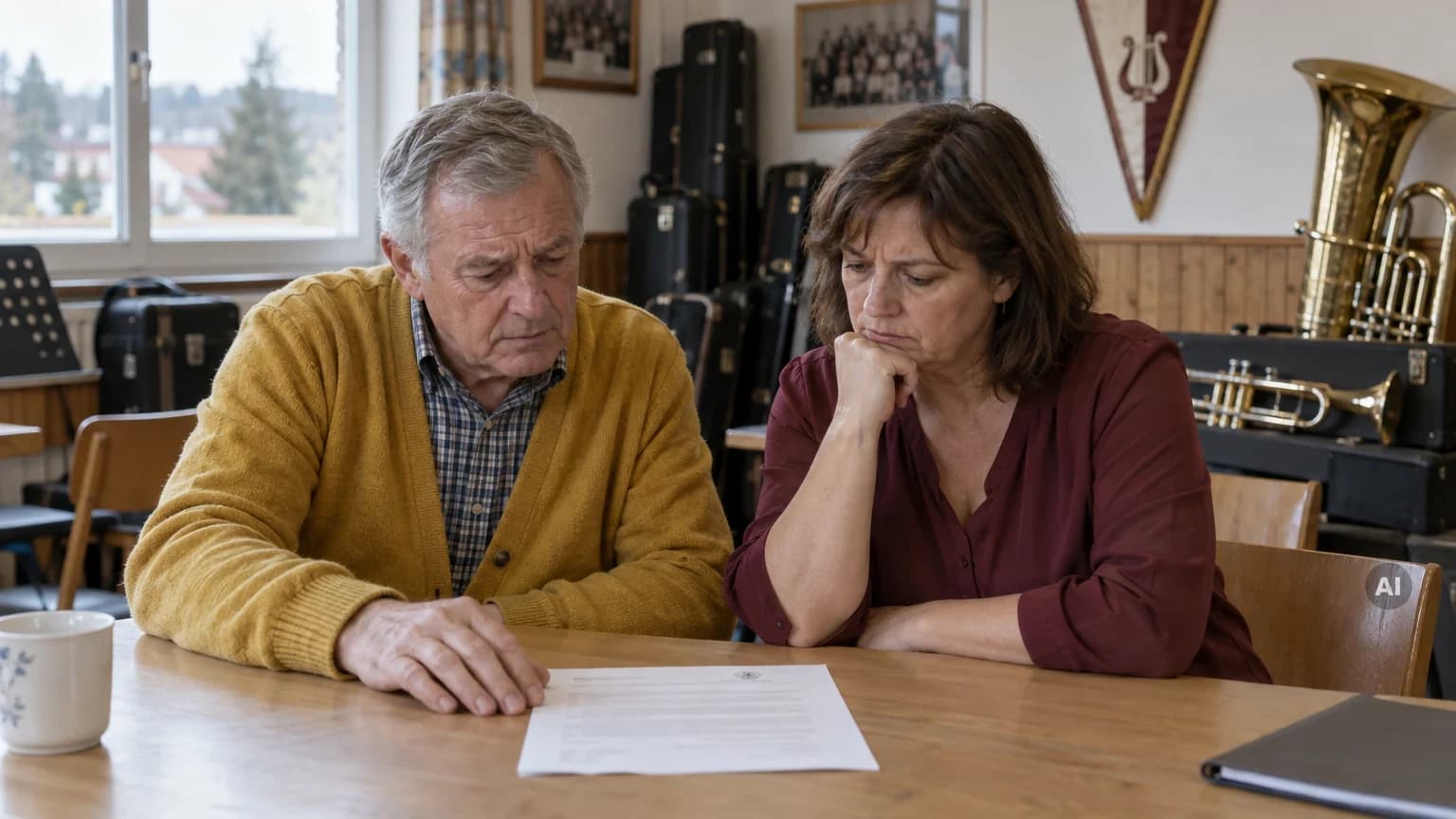 Zwei Vorstandsmitglieder eines Musikvereins lesen im Vereinsheim besorgt einen Behördenbescheid, im Hintergrund Instrumentenkoffer und eine Tuba