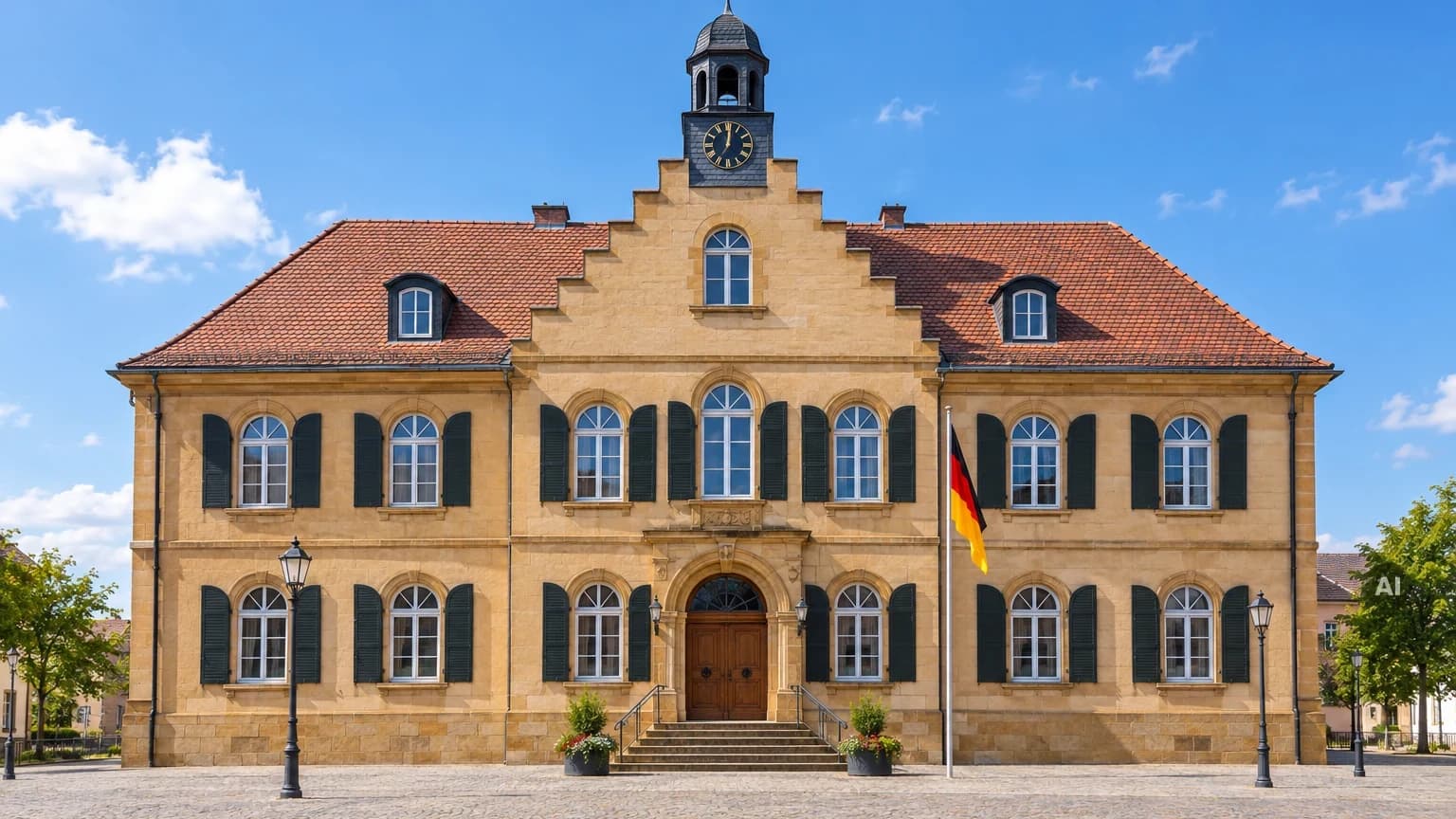 Klassische Rathausfassade mit Sandsteinfront und Turmuhr an einem Marktplatz