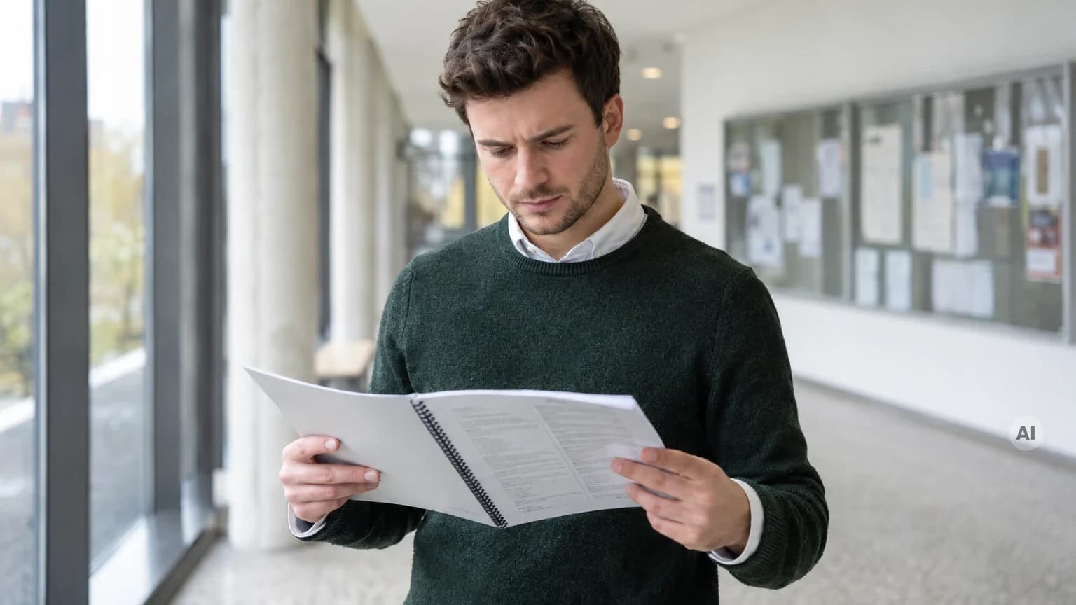 Ein Jurastudent steht im Flur der Universität und liest in einem aufgeschlagenen Modulhandbuch.