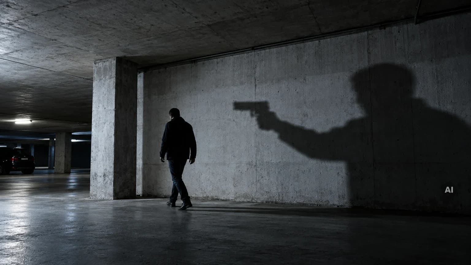 Der Schatten einer erhobenen Hand mit einer Pistole fällt in einem Parkhaus auf einen gehenden Mann