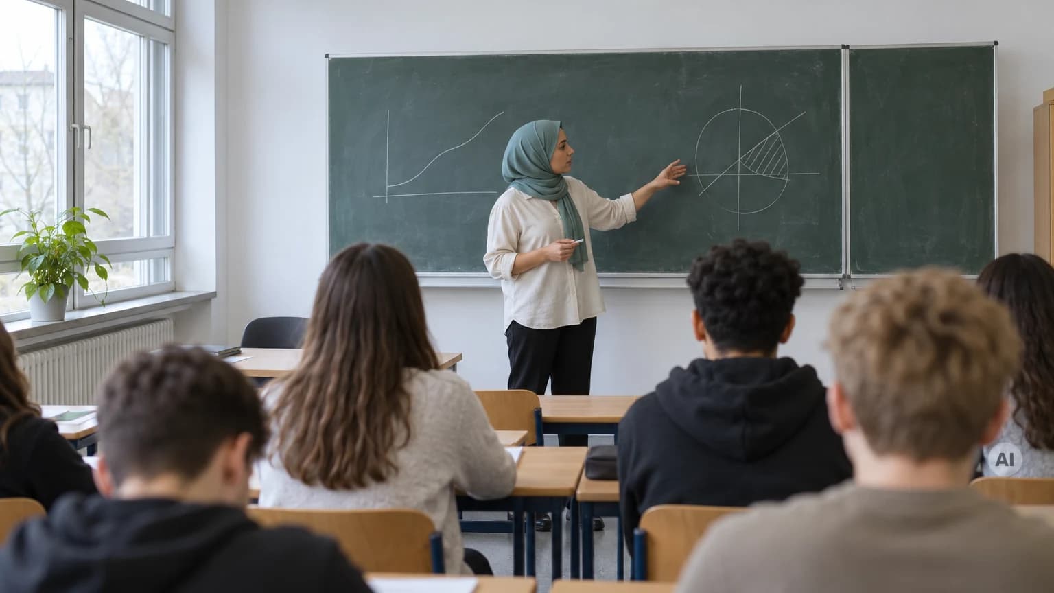 Lehrerin mit Kopftuch unterrichtet an der Tafel, Blick aus dem hinteren Klassenzimmer über die Köpfe der Schüler hinweg