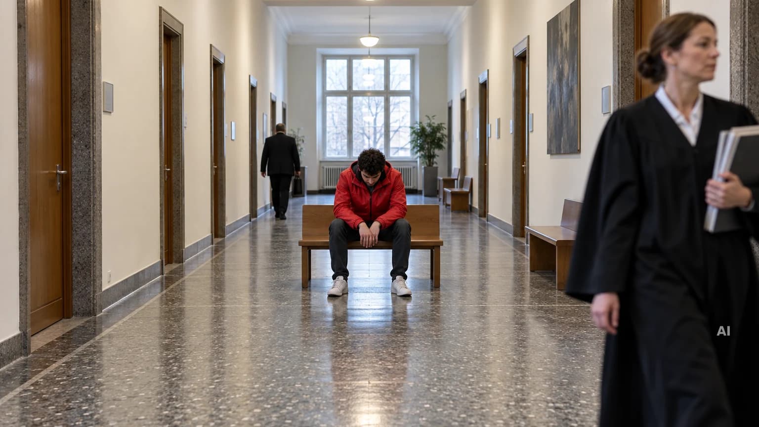 Ein junger Mann in roter Jacke sitzt mit gesenktem Kopf allein auf einer Bank im langen Flur eines Gerichtsgebäudes, vorn geht eine Anwältin in Robe vorbei