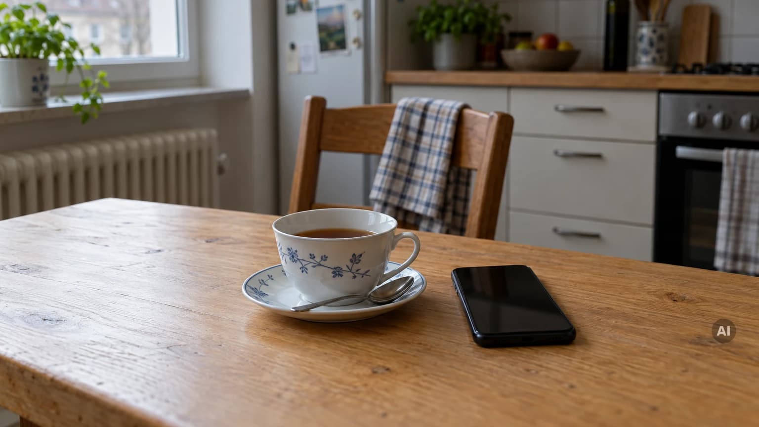 Küchentisch aus Eichenholz mit einer halbvollen Teetasse auf Untertasse und einem Smartphone daneben