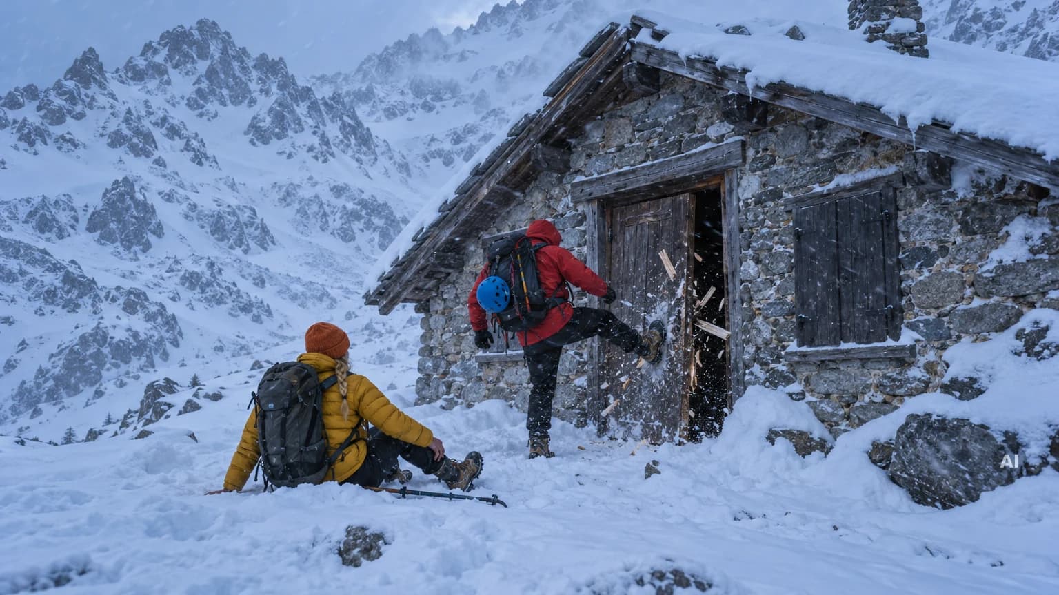 Wanderer tritt im Schneesturm die Holztür einer Berghütte ein, daneben sitzt seine Begleiterin im Schnee und hält ihren Knöchel