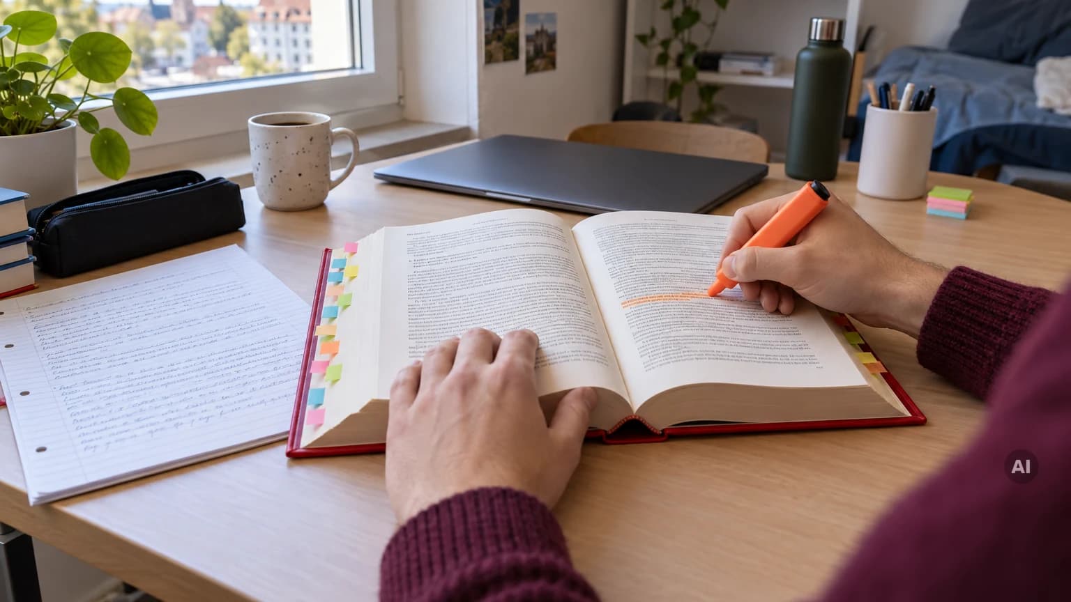 Hand markiert mit orangem Textmarker eine Zeile in einem aufgeschlagenen roten Gesetzbuch auf dem Schreibtisch