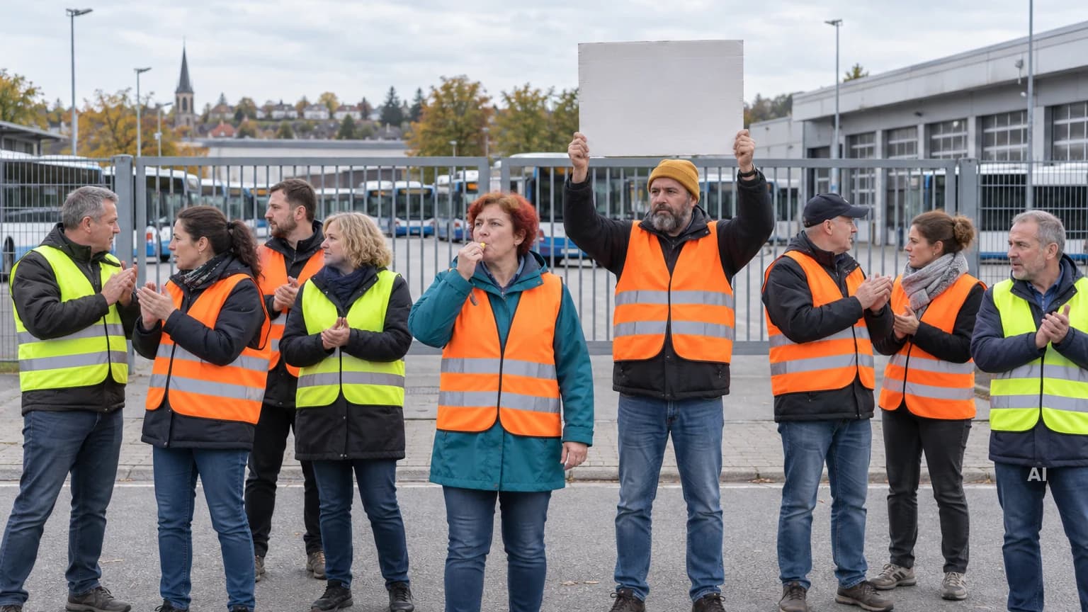 Beschäftigte in orangen und gelben Warnwesten stehen bei einem Streik vor dem geschlossenen Tor eines Busdepots, eine Frau pfeift, ein Mann hält ein leeres Schild hoch