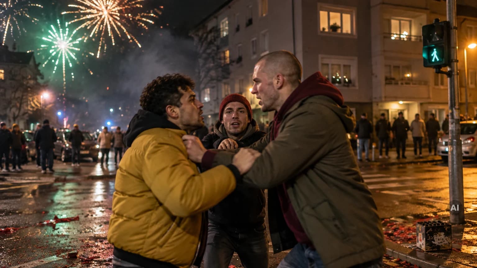 Zwei junge Männer packen sich in der Silvesternacht an einer Straßenkreuzung am Kragen, ein Freund will trennen, darüber Feuerwerk