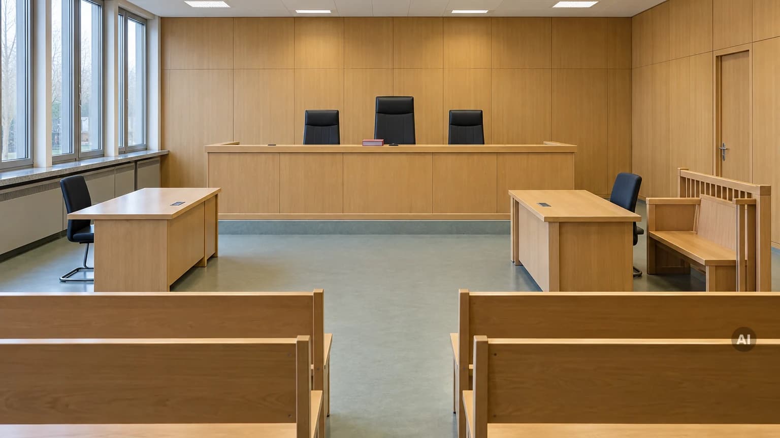 Leerer Strafsitzungssaal eines Amtsgerichts mit Richterbank aus hellem Holz, drei Richterstühlen und Zuschauerbänken im Vordergrund