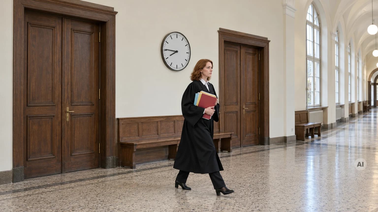 Anwältin in Robe eilt mit einem Stapel Akten durch den Flur eines Gerichtsgebäudes, darüber eine große Wanduhr